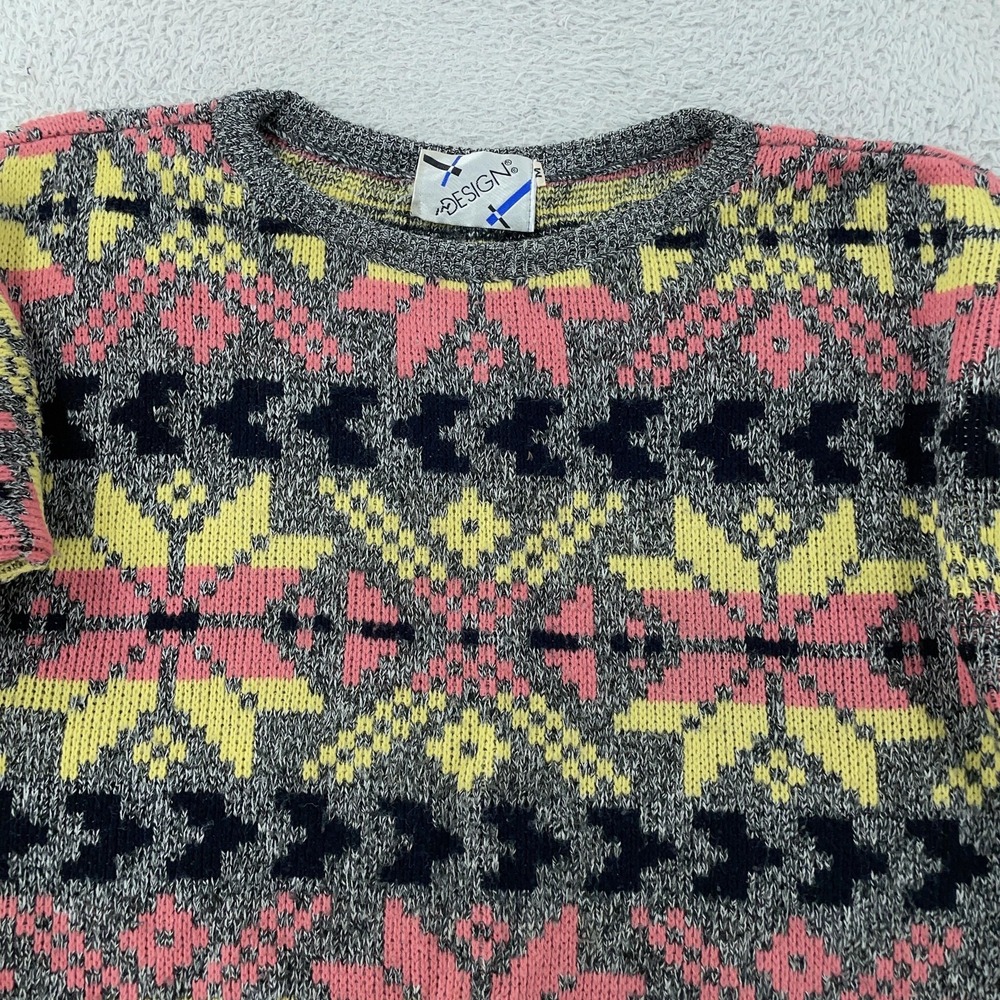 Vintage Design Sweater Womens Medium Gray Multi Fair Isle Crewneck Made USA 90s